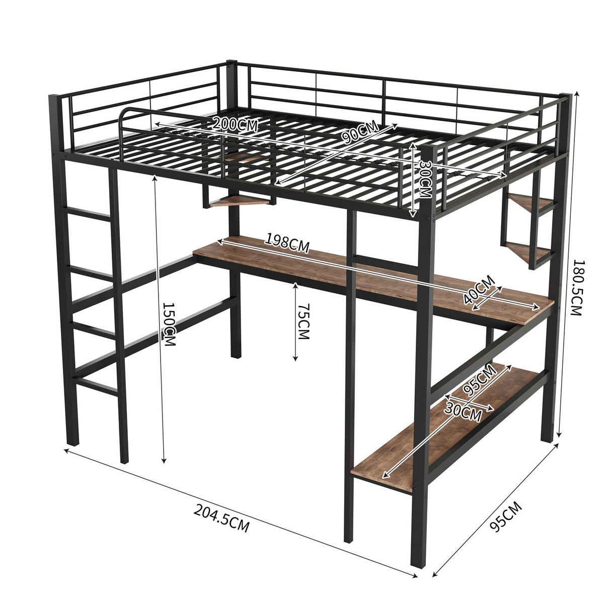 HOCHBETT 90/200 cm Schwarz aus Metall mit Schreibtisch und Regalen - Schwarz, Metall (90/200cm) - OKMYHOME