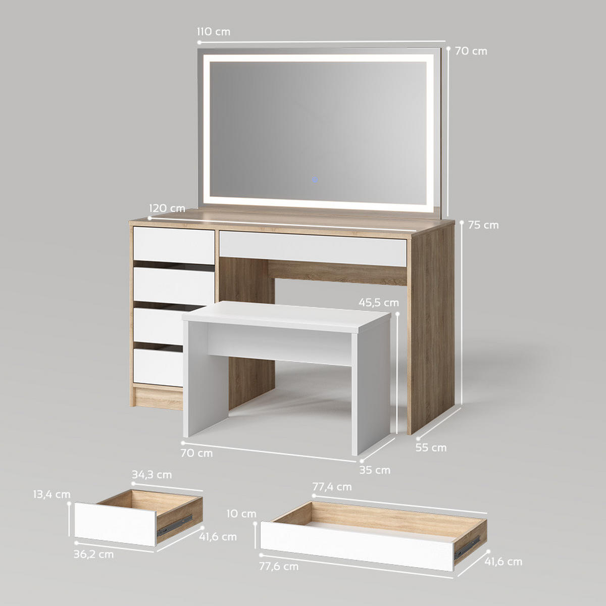 SCHMINKTISCH Imola Weiß/Sonoma mit LED Spiegel und Hocker - Weiß/Sonoma Eiche, Holzwerkstoff (120/75/55cm) - Livinity®