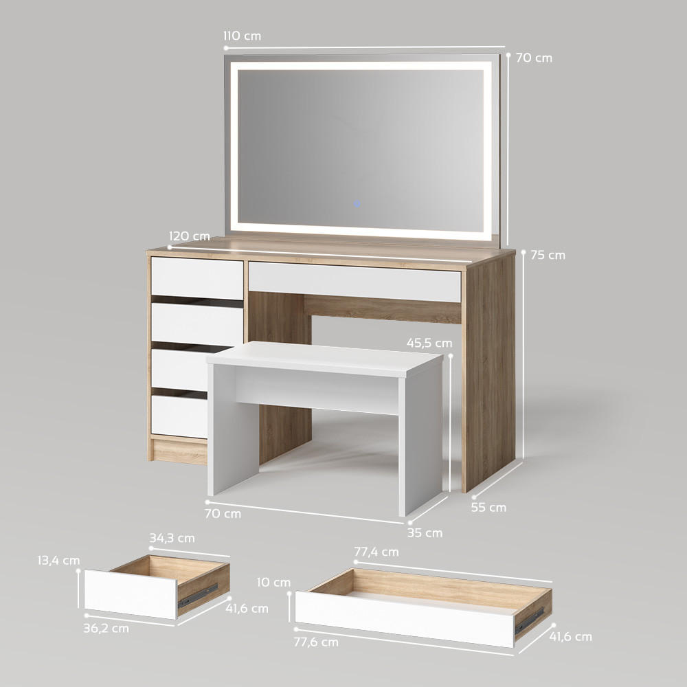 Thumbnail - Livinity® Schminktisch, Weiß, Sonoma Eiche, Holzwerkstoff, 5 Fächer, 5 Schubladen, Rechteckig, 120x75x55 cm, Schlafzimme...