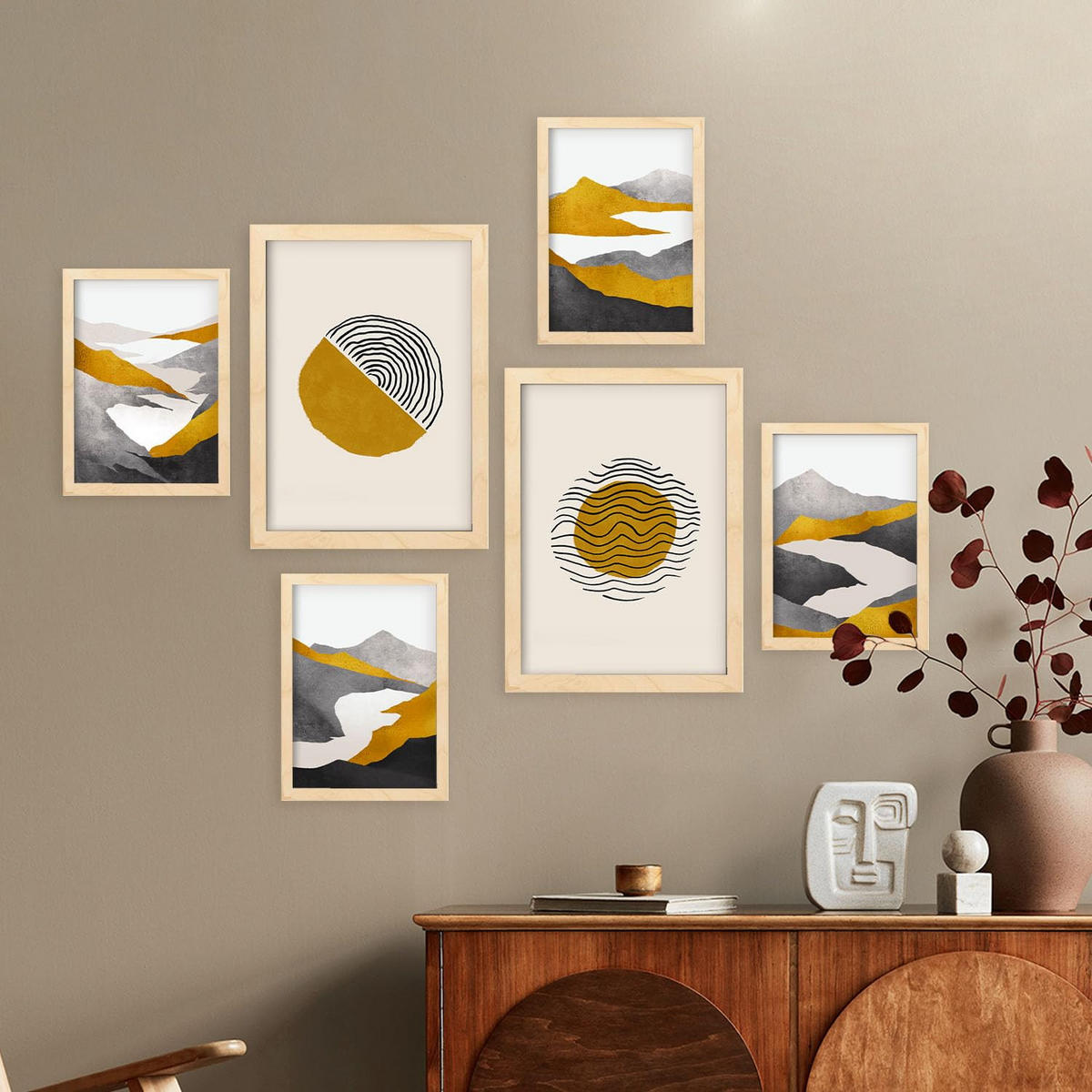 POSTER Set Mit 6 Zykloidale Natur In Kulissen Abstracts Ästhetische Dekorative Gemälde Für Ihr Wohnzimmer Zuhause A3 & A4 Rahmen Aus Hellem Holz - Beige, Papier (29/3cm) - Nacnic