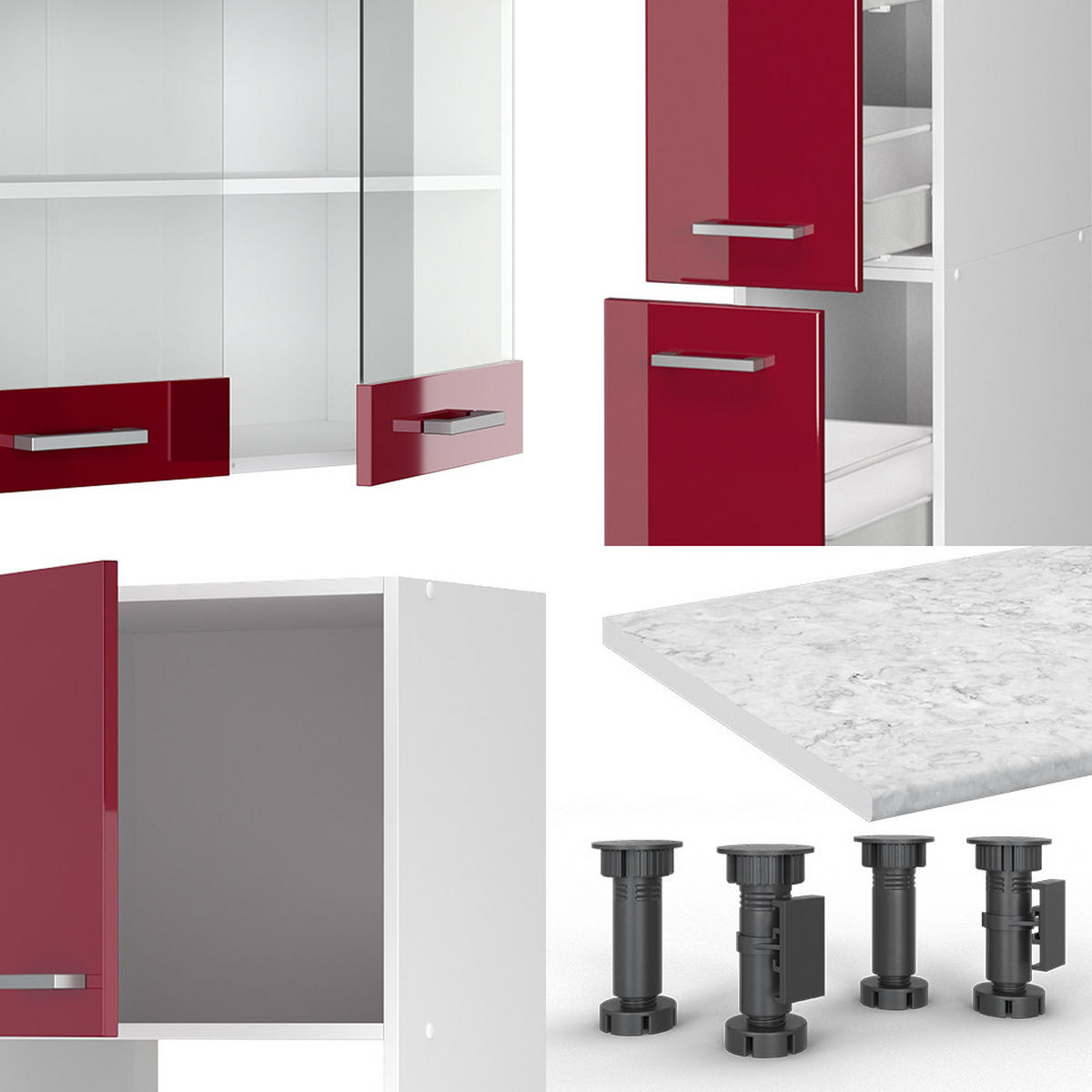 KÜCHENZEILE R-Line Bordeaux Hochglanz/Weiß 350 cm mit Hochschrank AP Anthrazit - Bordeaux/Weiß, Holzwerkstoff (350/81.6/60cm) - Vicco
