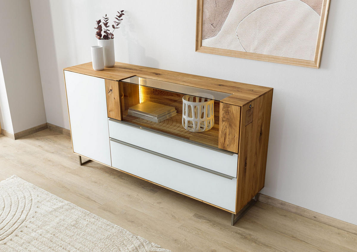 SIDEBOARD Wildeiche 160x43x87 natur geölt / Glas weiß WIEN #120 - Naturfarben, Holz (160/87/43cm) - Massivmoebel24