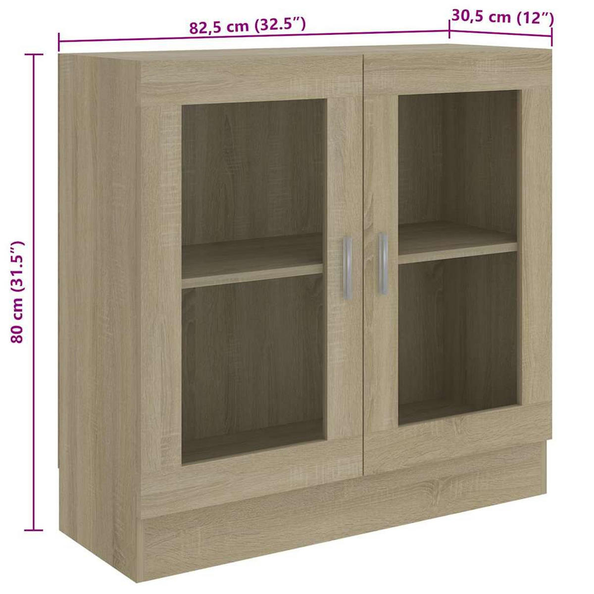 VITRINENSCHRANK mit 2 Fächern, 2 Glastüren 82,5/30,5/80 cm aus Holzwerkstoff Sonoma-Eiche Dekor - Sonoma Eiche, Holz (82.5/80/30.5cm) - vidaXL