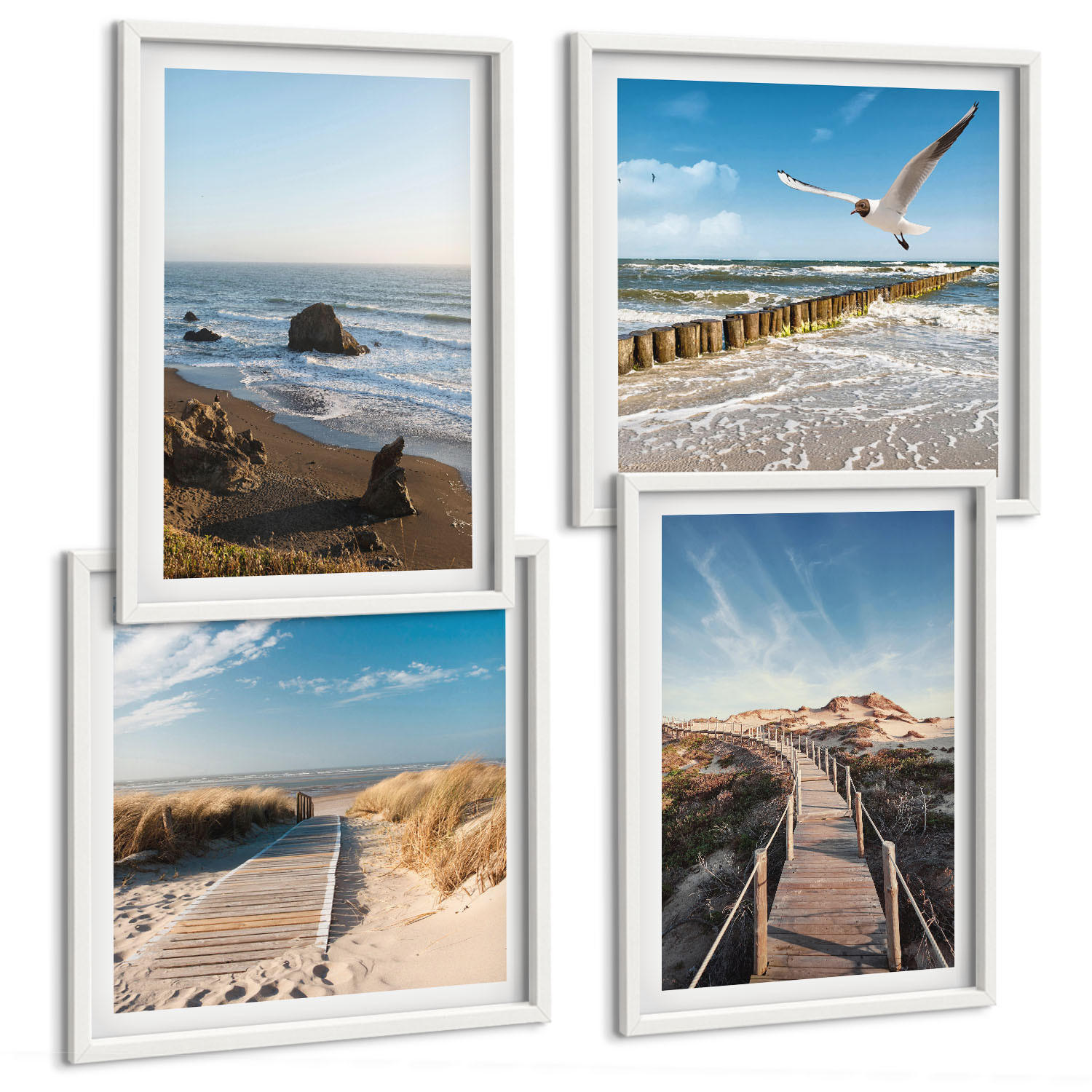 BILDER SET 4er Set - 50x50 cm & 40x60 cm Weißer Rahmen - Strandwellen, Himmelsbrücke, Spaziergang - Weiß, Kunststoff (50/50cm) - TULUP