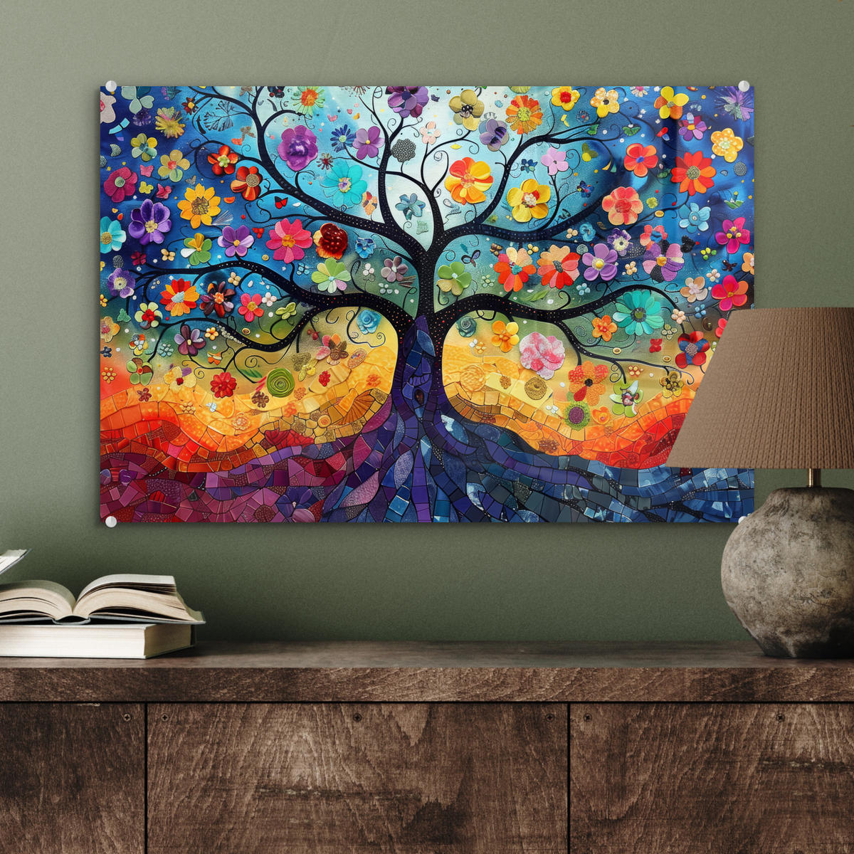 ACRYLGLASBILD Kunst - Baum des Lebens - Blumen - Hippie 60x40 cm - Dunkelblau, Glas (60/40cm) - MuchoWow