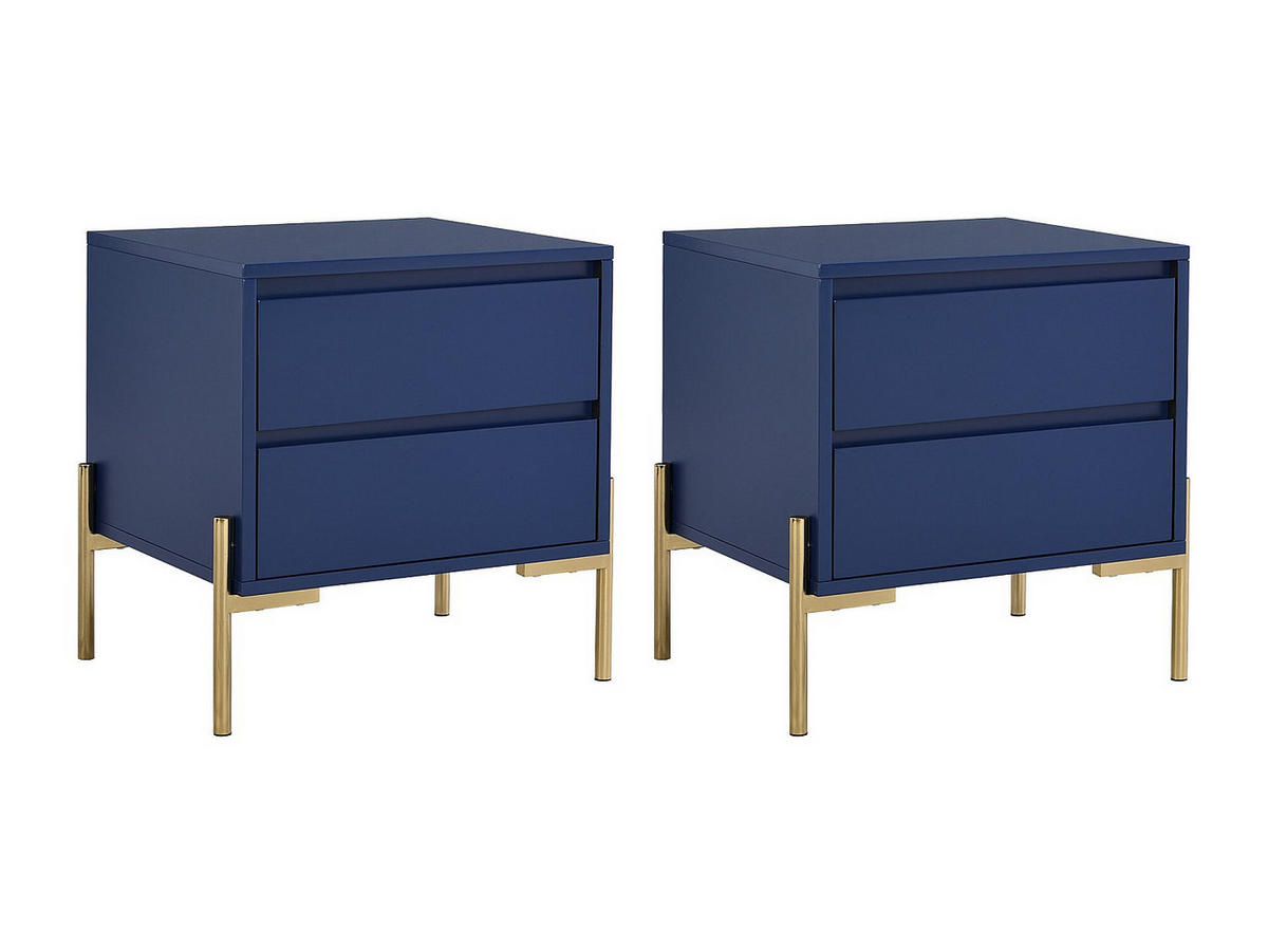 2ER-SET Nachttische mit 2 Schubladen - MDF & Metall - Blau lackiert & Goldfarben - KORASA - Blau, Holz (40/50/50cm) - Pascal Morabito