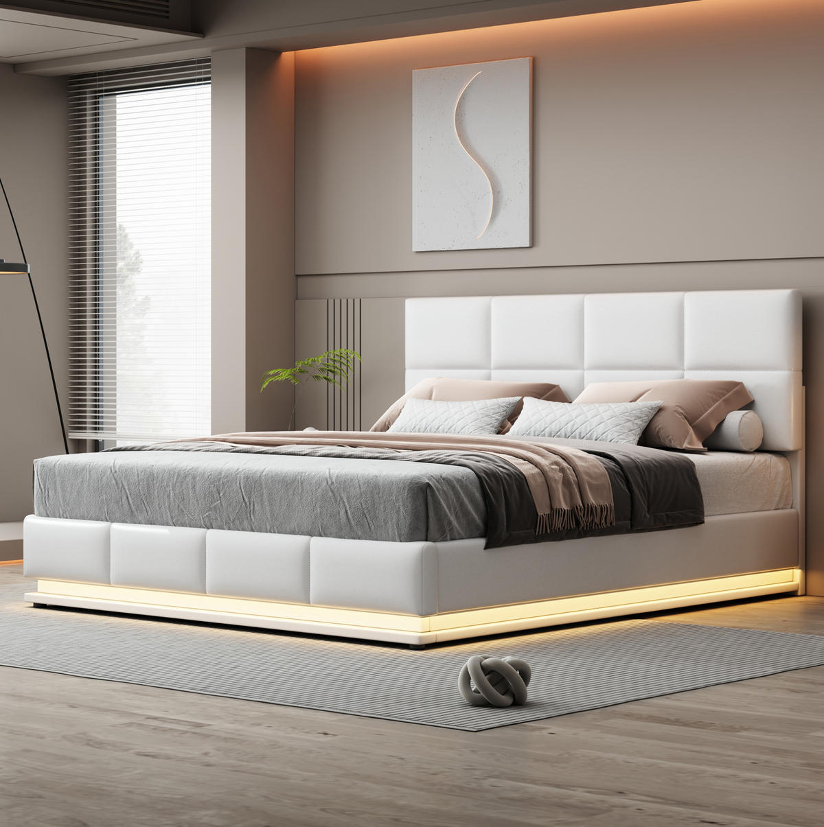 ČALÚNENÁ posteľ z MDF a kovu 180x200 cm biela s LED osvetlením, hydraulickým úložným priestorom a nastaviteľným čelom - biela, textil (180/200cm) - Modfu