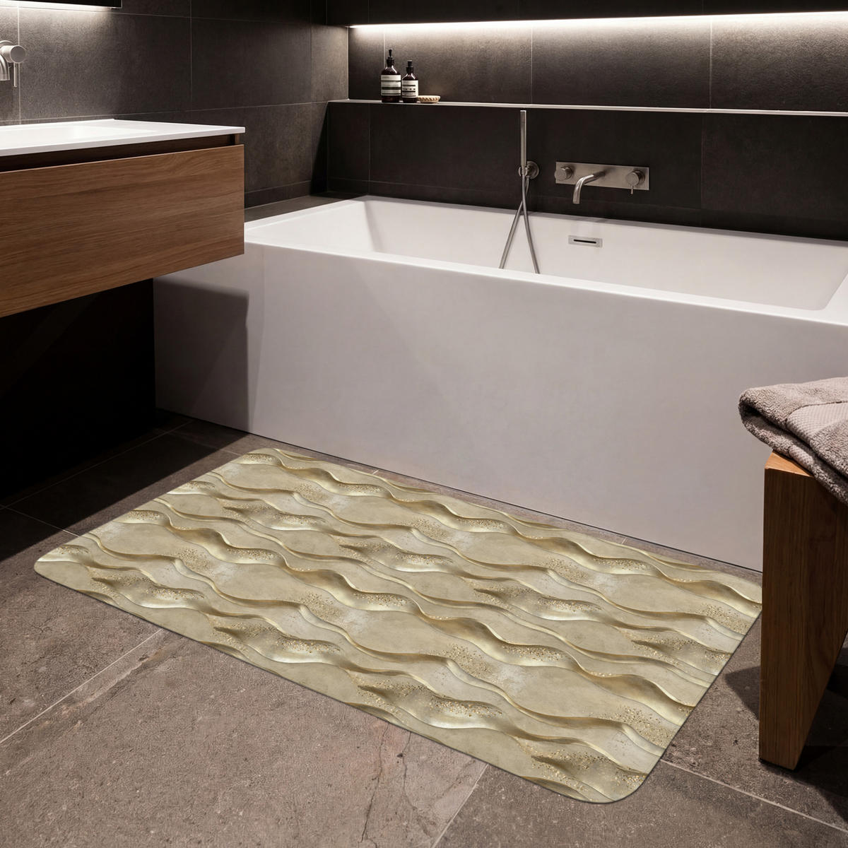 KOUPELNOVÁ PŘEDLOŽKA Vlny - vzor - zlaté 120x60 cm - barva mosazi, textil/plast (120/60cm)