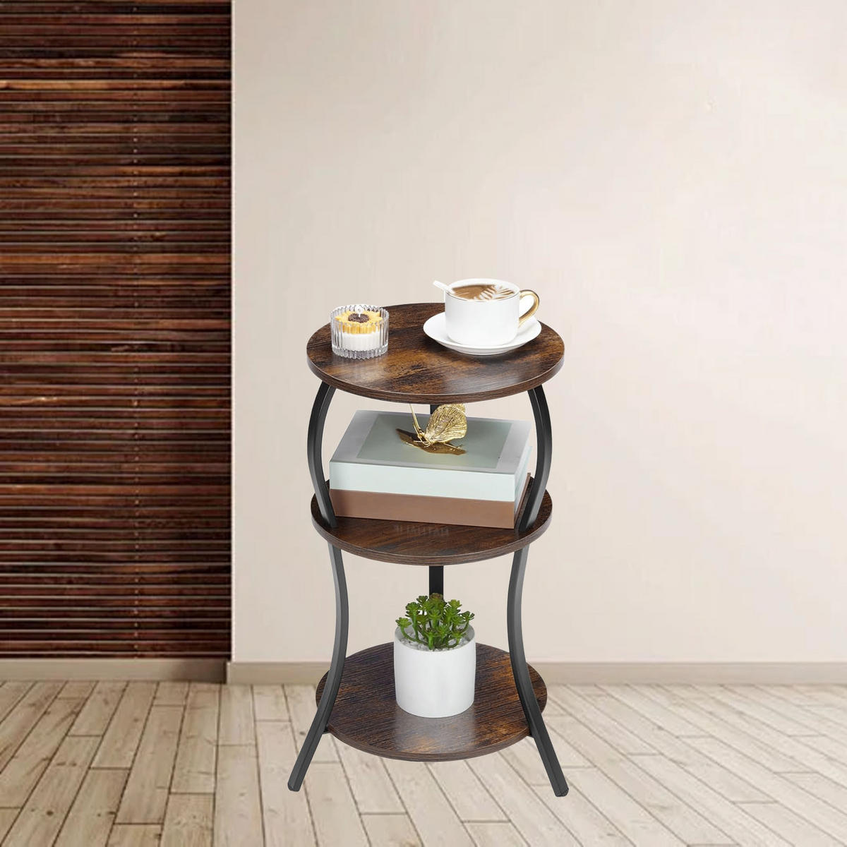 RUNDER Beistelltisch mit 3 Ablagen, MDF-Metallgestell, rustikaler Akzenttisch, Nachttisch für Wohnzimmer, Schlafzimmer oder Couch - Graubraun, Holz (30/30/55cm) - Ej. Life