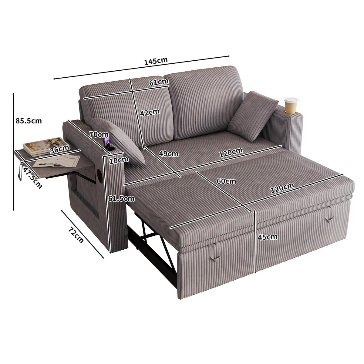 SCHLAFSOFA 145/72/85,5 cm Grau Cordbezug mit Getränkehalter, kleinem Tisch und Aufbewahrungstasche - Grau, Textil (72/85.5/145cm) - Oxeza