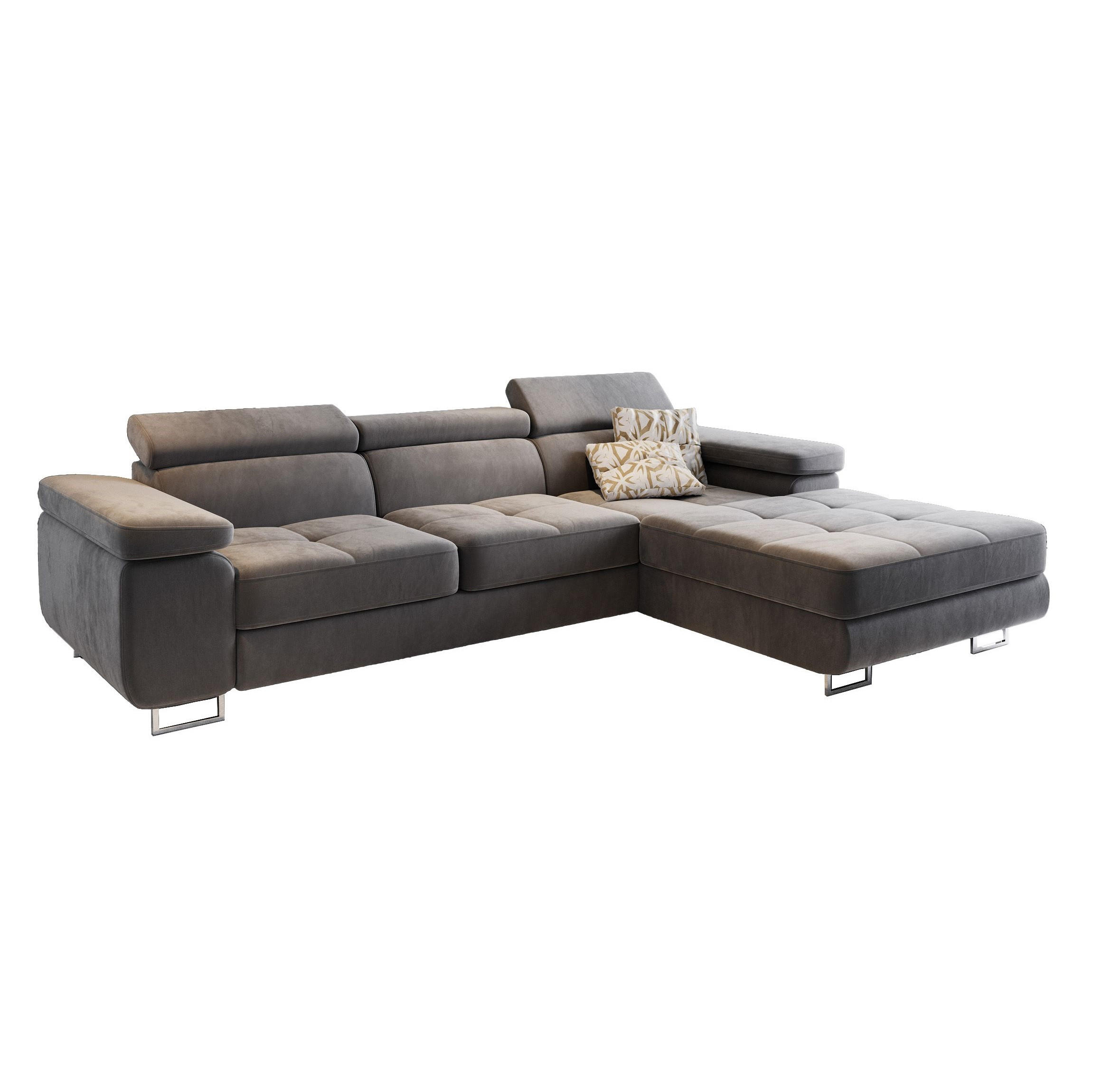 ECKSOFA ELMA R-S Grau Velours-Stoff mit Schlaffunktion - Grau, Holz (280/205cm) - MASSENO