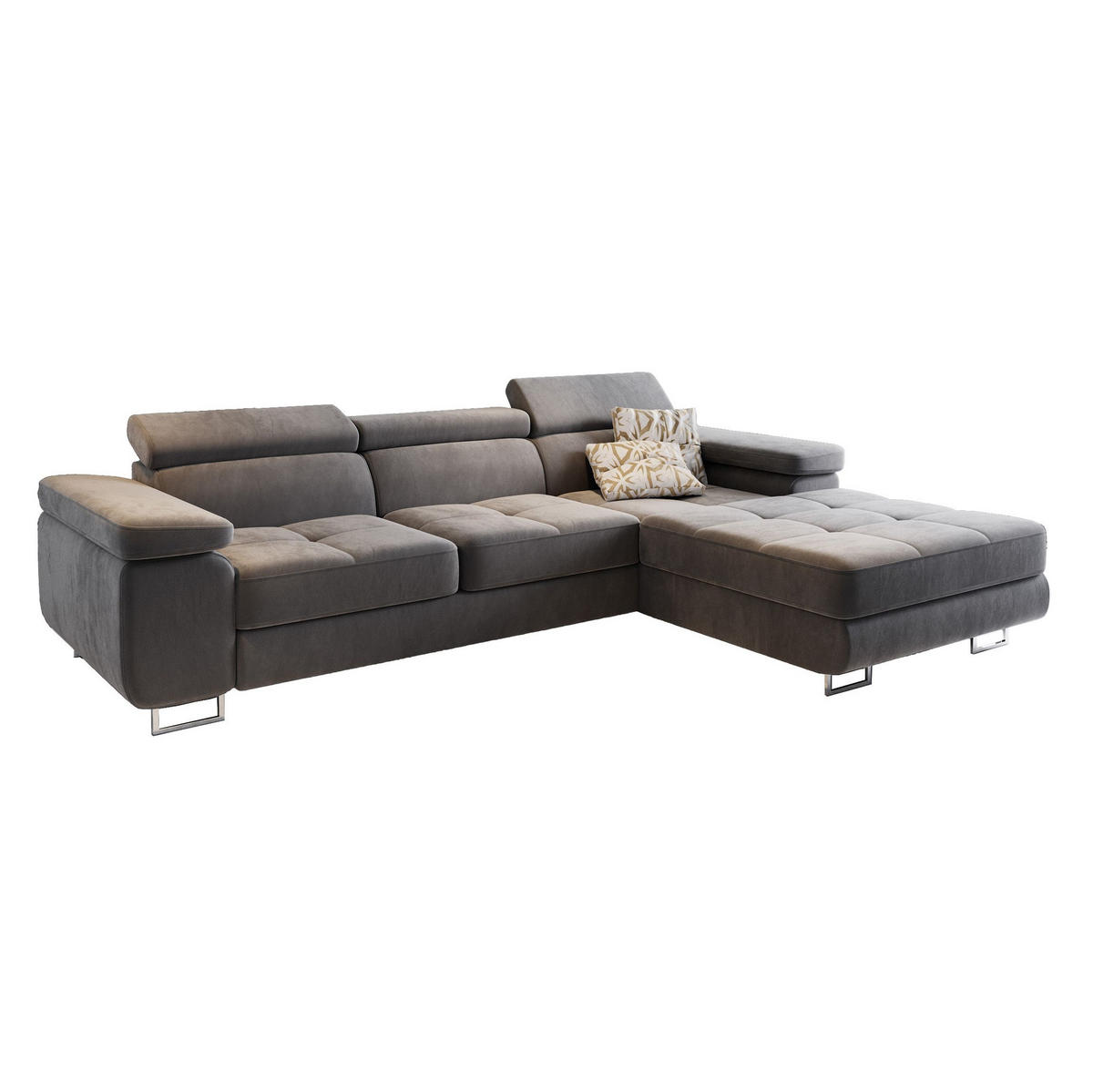 ECKSOFA ELMA R-S Grau Velours-Stoff mit Schlaffunktion - Grau, Holz (280/205cm) - MASSENO
