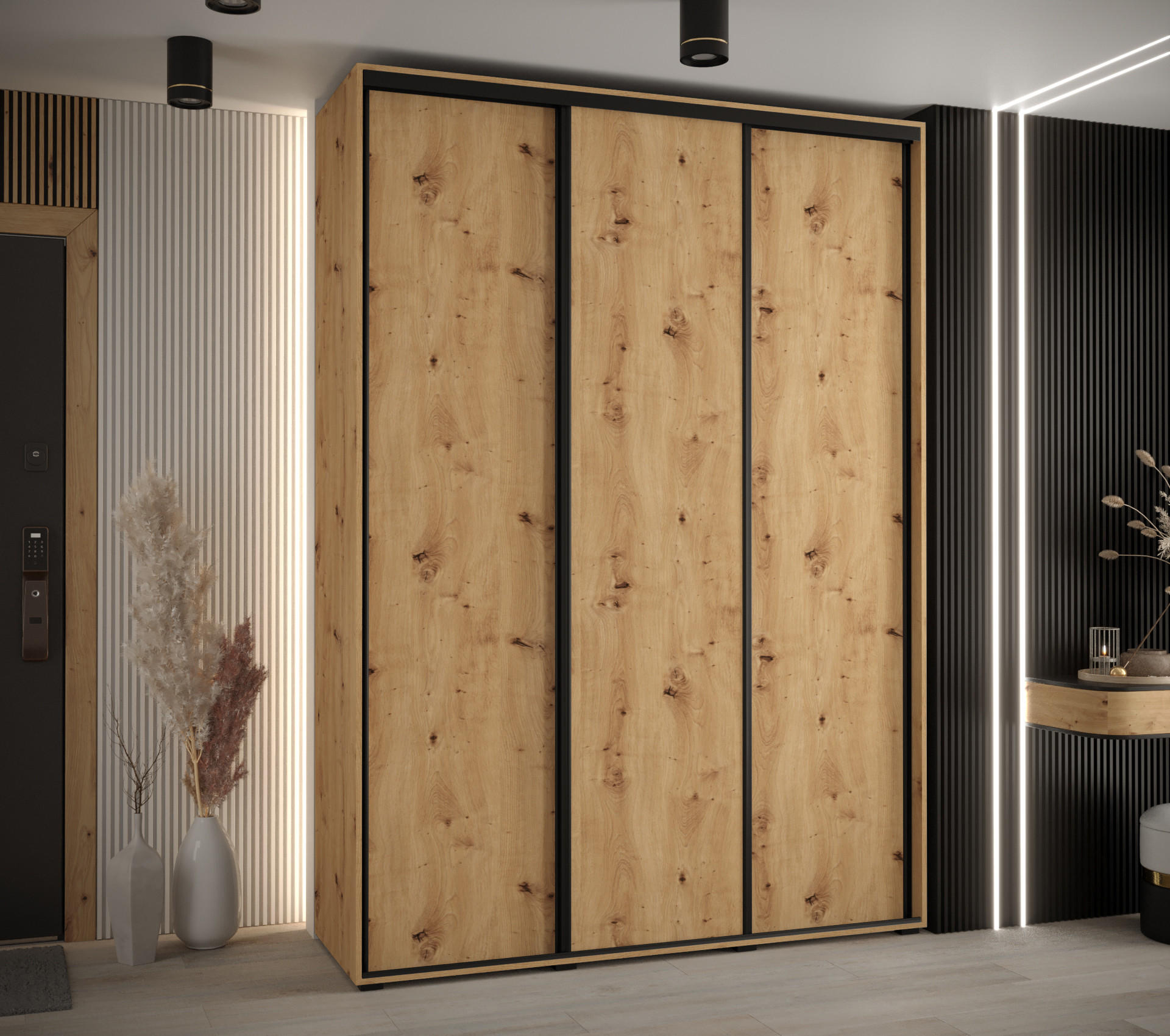 SCHWEBETÜRENSCHRANK 235,2/180/60 3-türig - Schwarz/Eiche Artisan, Holz/Metall (180/235/60cm) - Abiks Möbel
