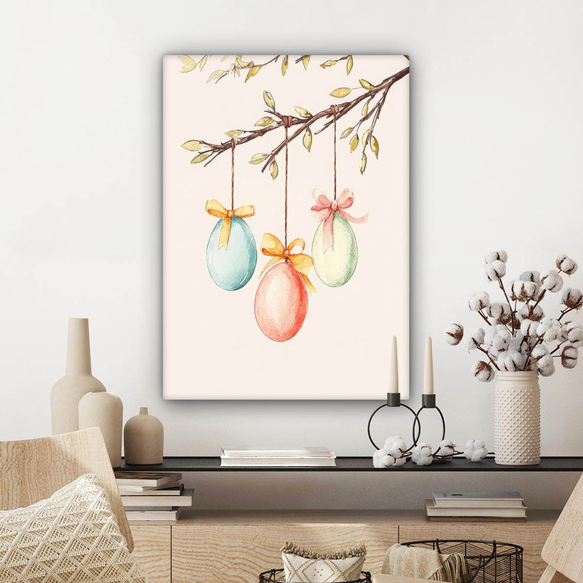 LEINWANDBILD Osterkuchen - Schleife - Eier Wandbild Wohnzimmer 60x80 cm - Creme, Textil (60/80cm) - MuchoWow