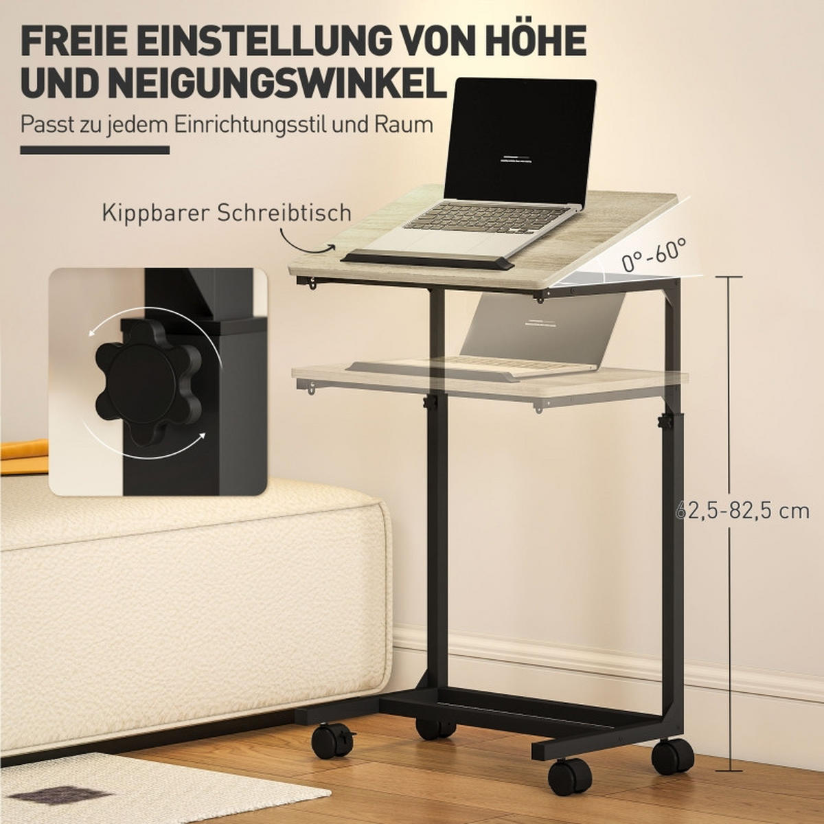 BEISTELLTISCH DE-37179 C-Form höhenverstellbar mit Rollen Weiß - Eichefarben, Holzwerkstoff (55/36/82.5cm) - ComfortXL