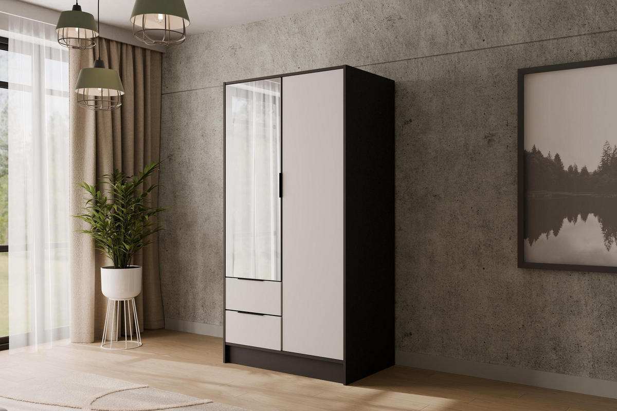 KLEIDERSCHRANK mit Spiegel und Flügeltüren KOLIN 100x200cm Schwarz / Weiß - Schwarz/Weiß, Holzwerkstoff (102/200/51cm) - ALTDECOR