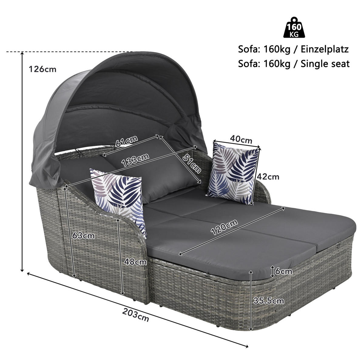 LOUNGESOFA aus Rattan & Metal 203x120x126 cm in Grau mit Baldachin - Grau, Metall (120/126/203cm) - Modfu