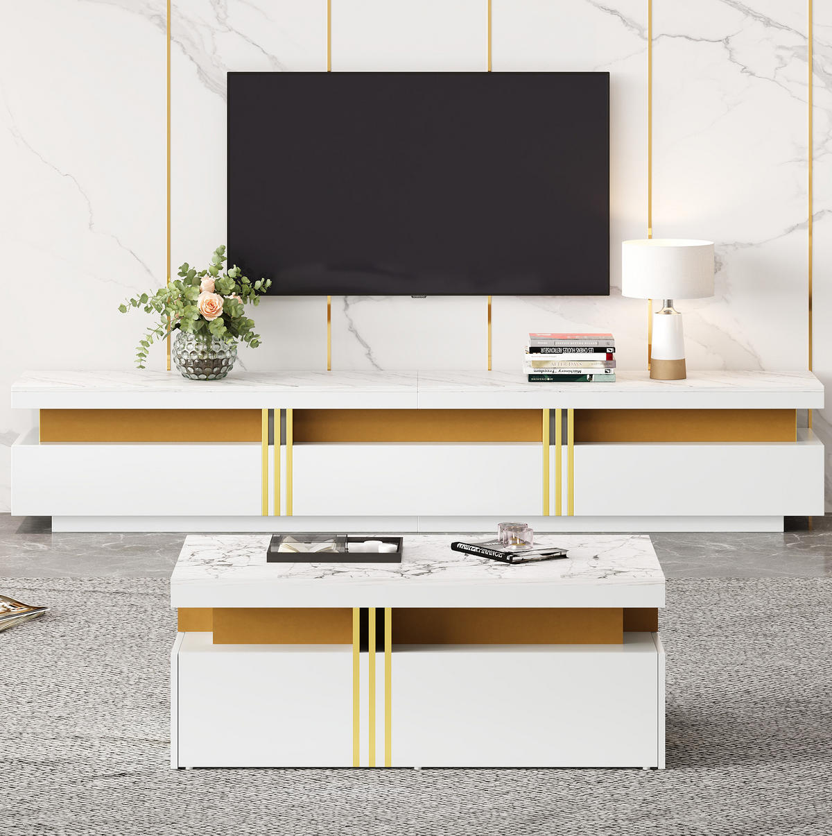 TV-ELEMENT mit Couchtisch - Kombination 2er-Set Marmor-Optik in Weiß und Gold - Weiß, Holzwerkstoff (200/42/40cm) - OKWISH