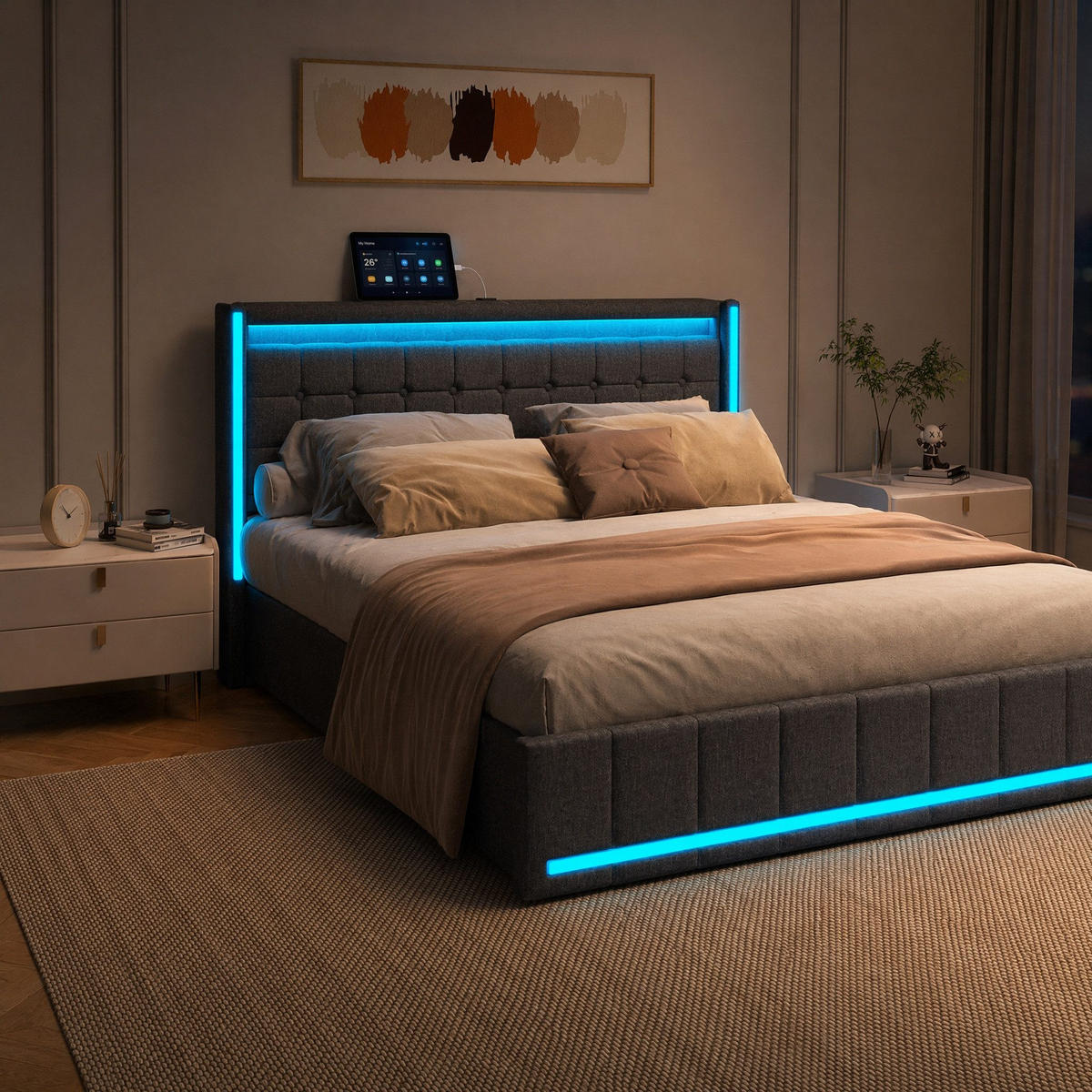 POLSTERBETT 140x190 cm Dunkelgrau Leinen LED USB 4 Schubladen - Grau, Holz (140/200cm) - SHOPENTRA