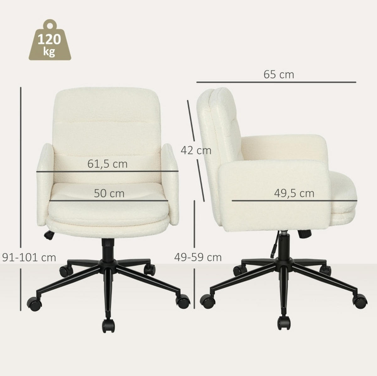 DREHSTUHL 65/61,5/91-101 cm cremeweiß aus Polyester mit Kippfunktion - Creme, Kunststoff (61.5/101/65cm) - OKWISH