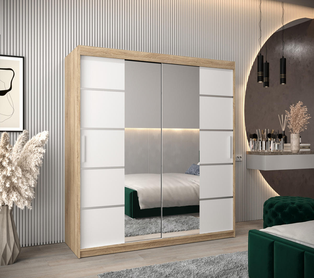 SCHWEBETÜRENSCHRANK 200/180/62 2-türig - Silberfarben/Weiß, Holz/Kunststoff (180/200/62cm) - Abiks Möbel
