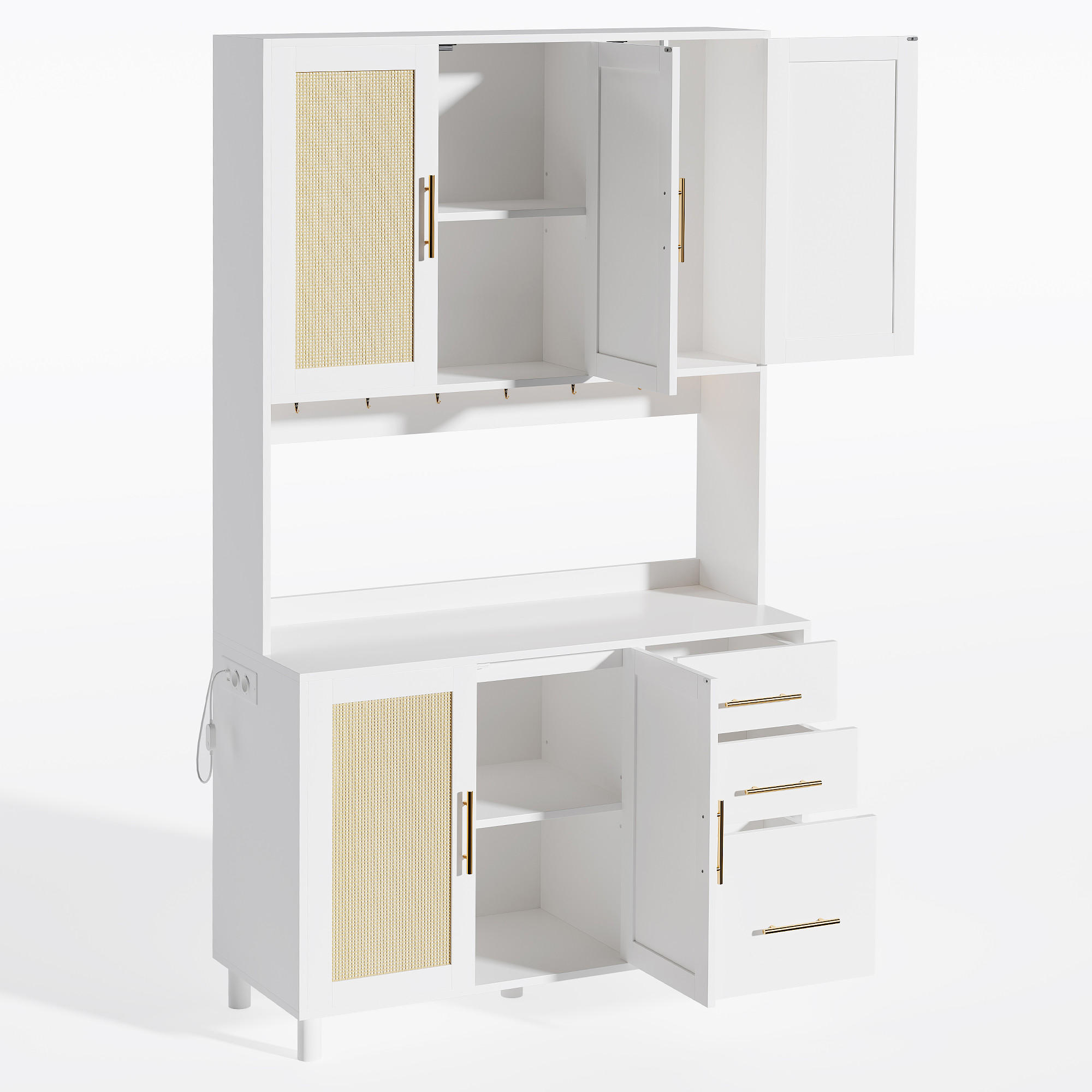 ANRICHTE mit 3 Schubladen, LED-Beleuchtung und Rattan-Optik, 100 x 40 x 183 cm, Weiß, MDF - Weiß, Holzwerkstoff (100/183/40cm) - SONNENH