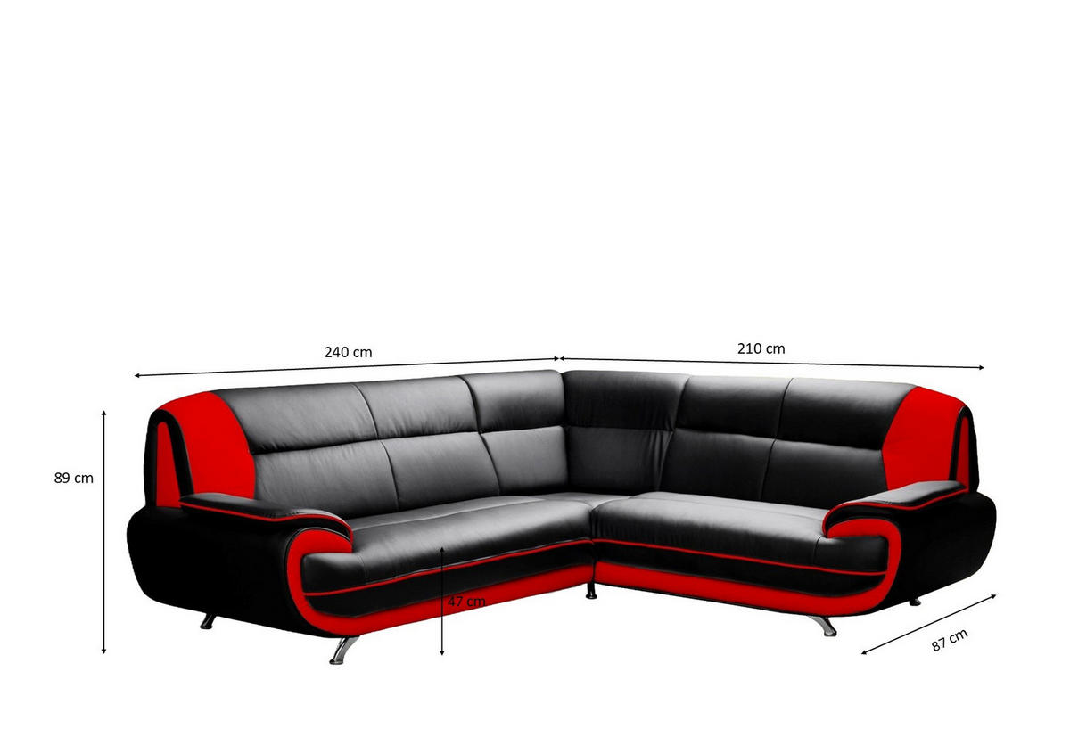 ECKSOFA L-Form, Stoff Soft, Schwarz + Rot, Rechts, Palermo - Schwarz, Holz (240/210cm) - Kaiser Möbel