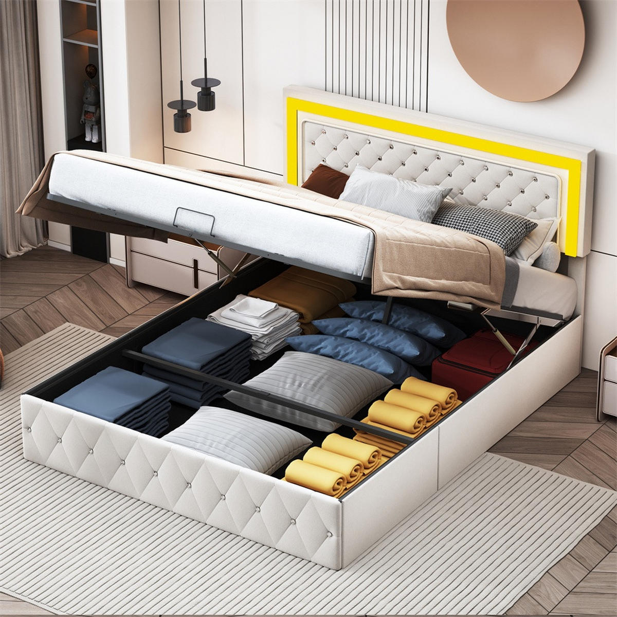 POLSTERBETT 160x200 cm - mit LED-Kopfteil und hydraulischem Bettkasten - Samt - ohne Matratze - Beige - Beige, Textil (160/200cm) - DELFA