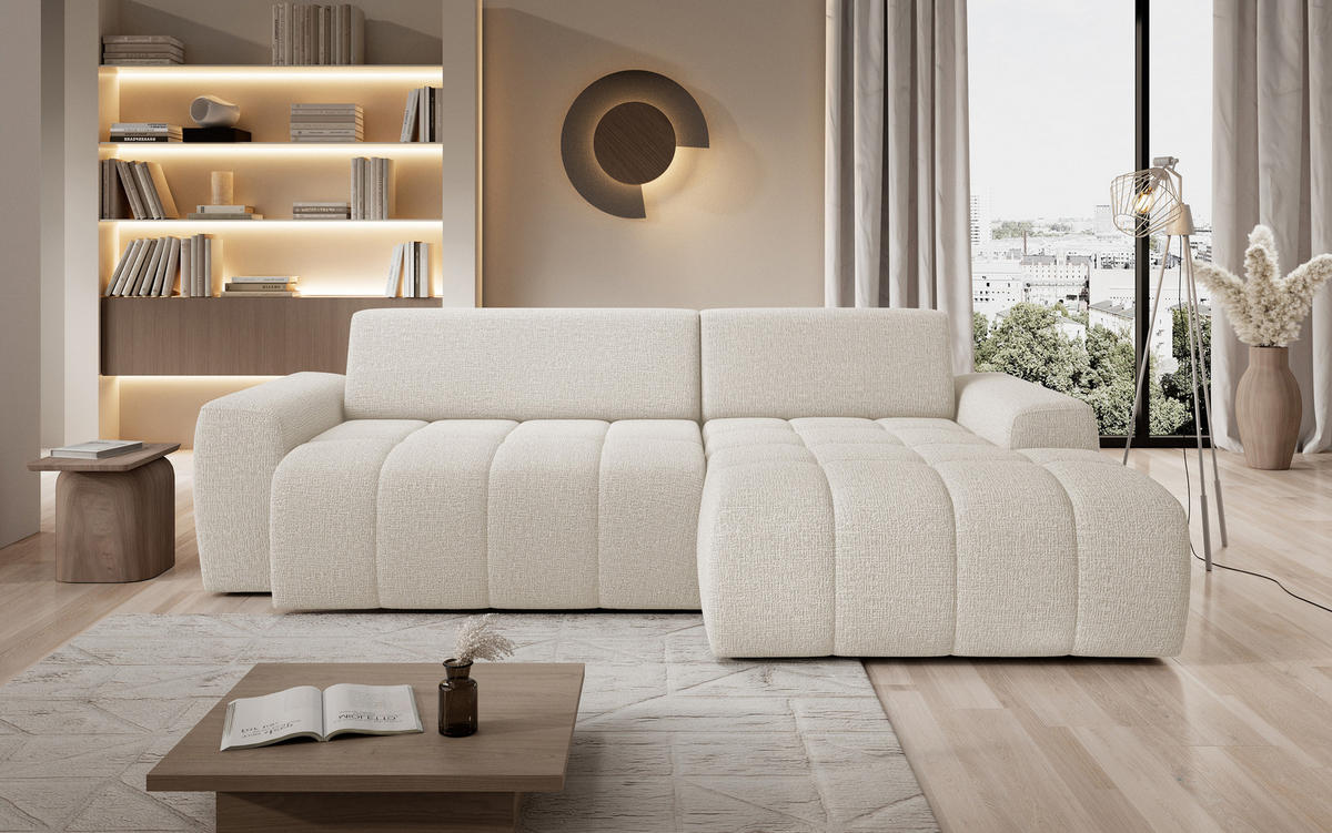 ECKSOFA Savio Freistehend, mit Abriebfestem Kansas-Stoff, Maße 265x172x81 cm, Ausziehbare Sitzfläche 206x92 cm, Rechte, – Helles Beige - Ecru, Holz/Textil (265/172cm) - DomoHome
