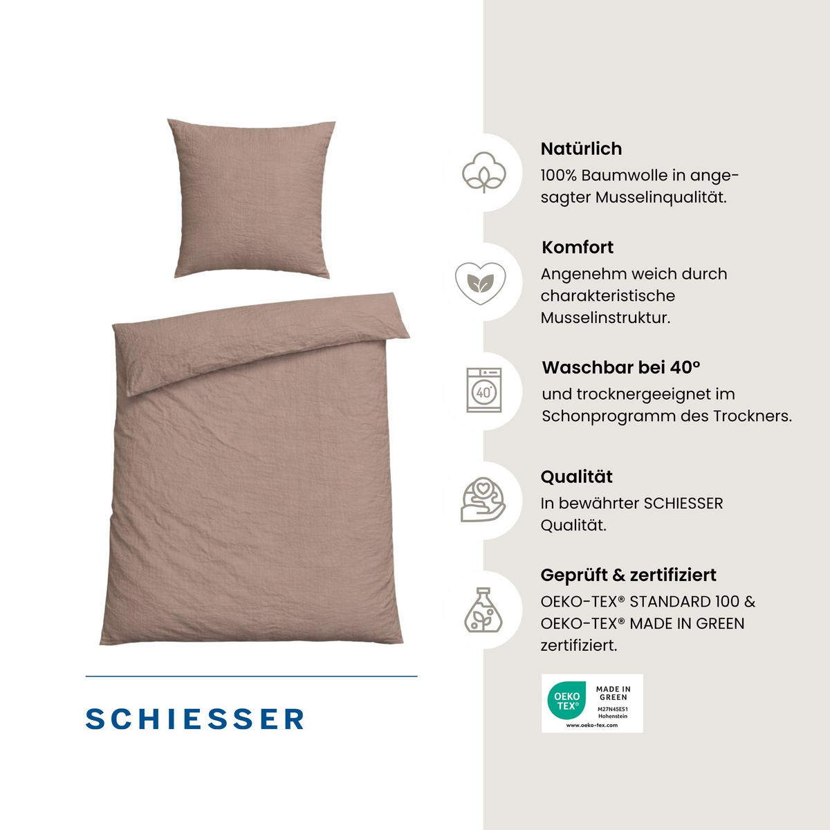 BETTWÄSCHESET Molly - Musselin - 2-teilig - 135 x 200 cm - Taupe - Taupe, Textil (135/200cm) - SCHIESSER