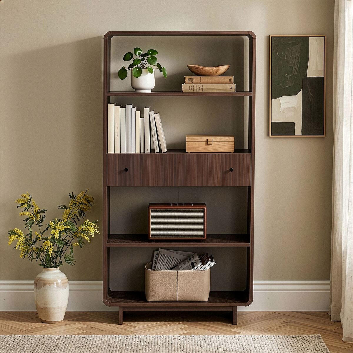 REGAL 1 Schublade, 4 offenen Fächern mit abgerundeten Kanten 34/154/78 cm - Naturfarben, Holzwerkstoff (34/154/29cm) - Calicosy