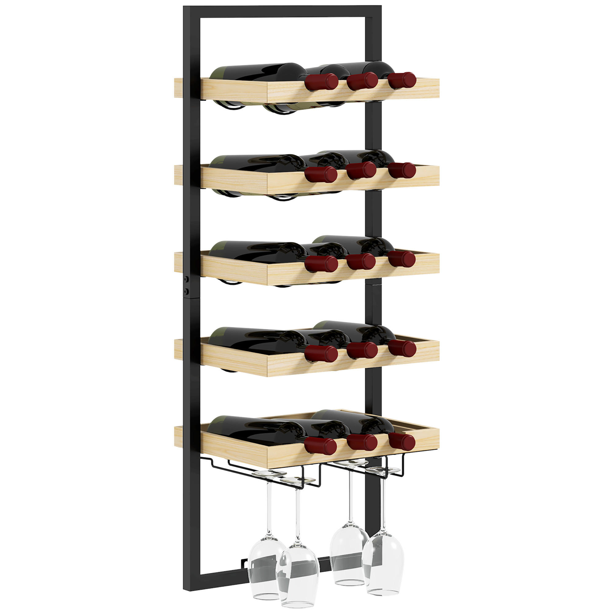 WEINREGAL, wandmontiert, Holz/Stahl, 15 Flaschen, 4 Gläser, 35x25x86cm - Multicolor, Metall (35/86/25cm) - FORIOUS