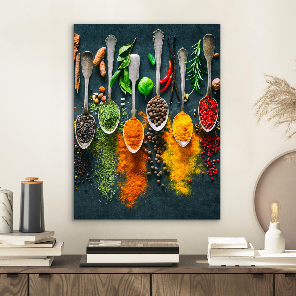 KOVOVÝ OBRAZ Bylinky - korenie - lyžičky 30x40 cm - kari žltá, kov (30/40cm) - MuchoWow