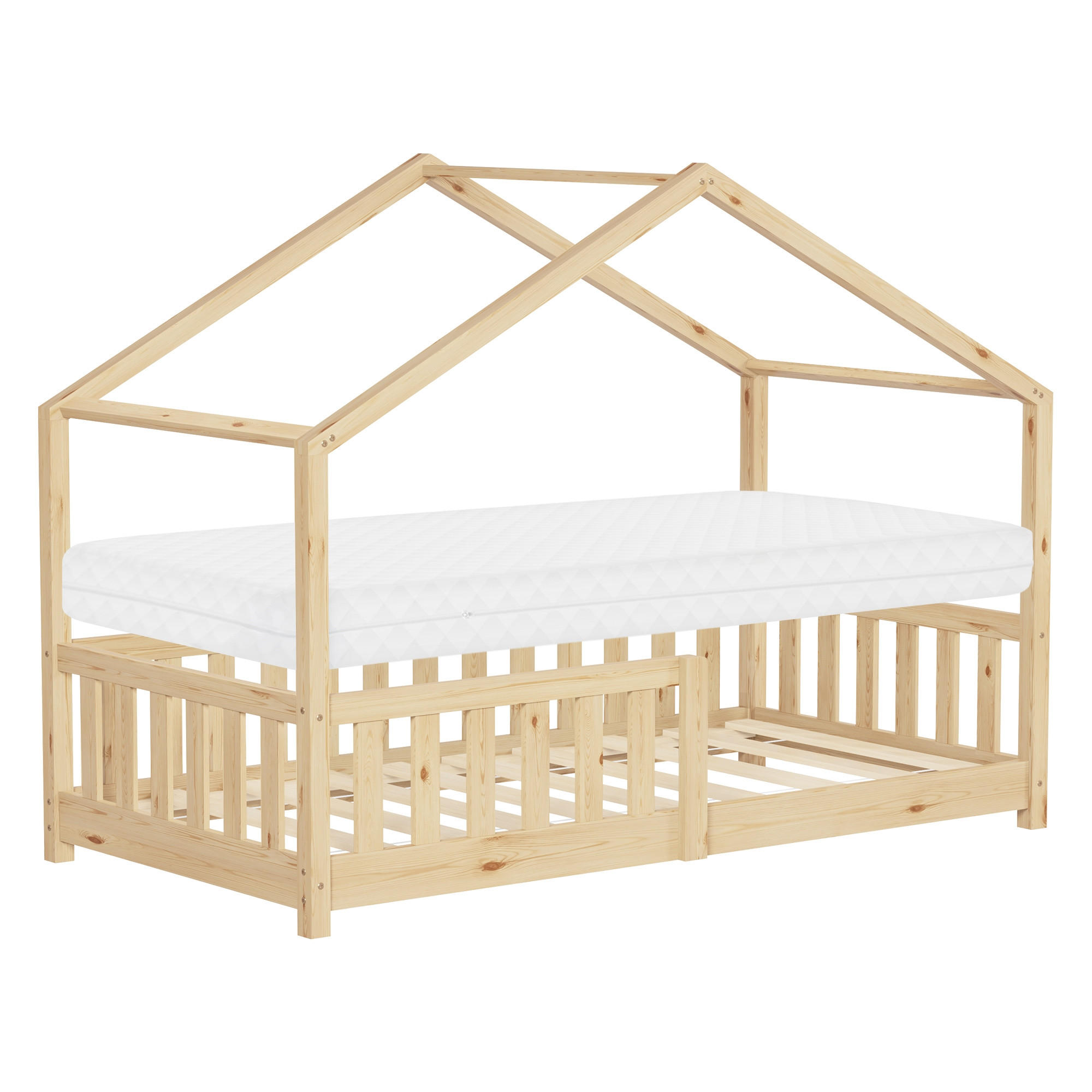HAUSBETT mit Matratze 80x160 cm Natur aus Kiefernholz mit Rausfallschutz - Beige, Holz (80/160cm) - ML-DESIGN
