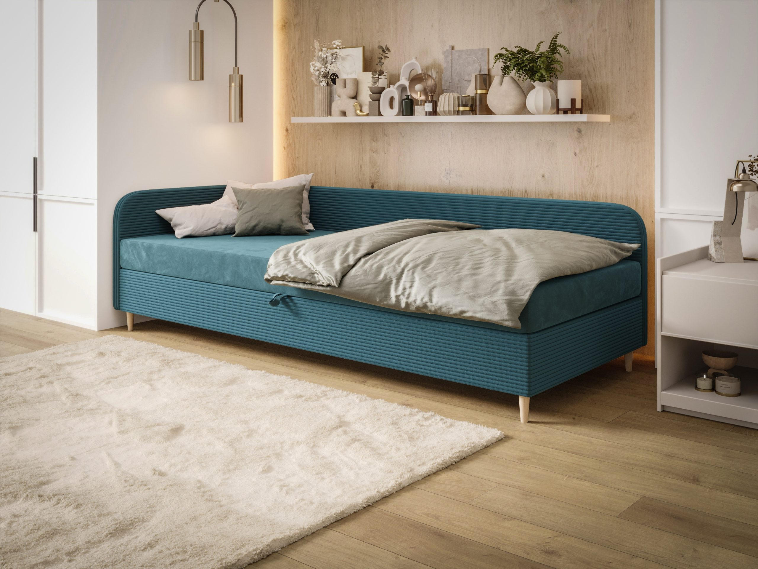 EINZELBETT aus Polyester und Cord Kobbevik Seite Links 80x200 cm, Türkis - Türkis, Textil (80/200cm) - Meblito