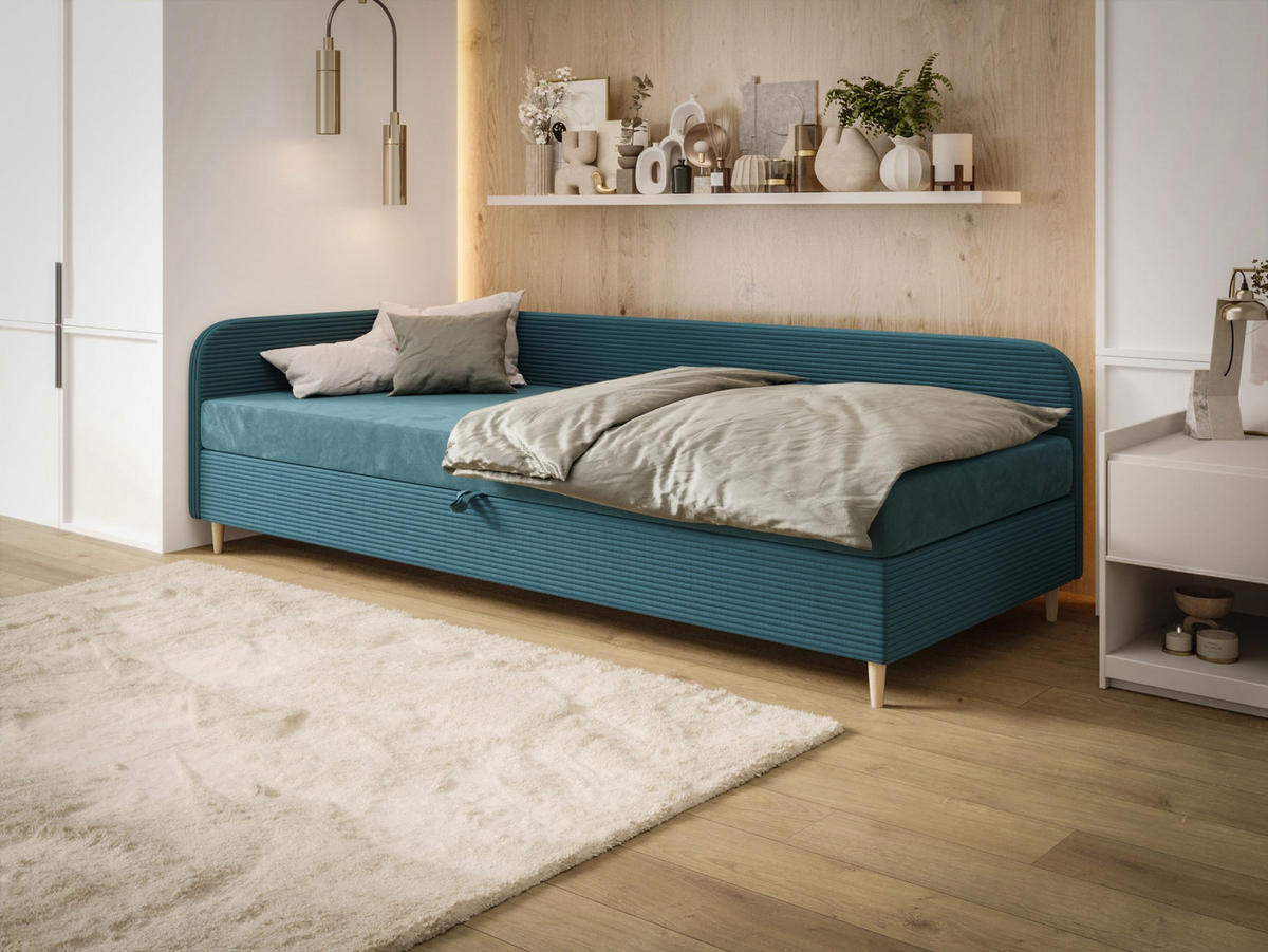 EINZELBETT aus Polyester und Cord Kobbevik Seite Links 90x200 cm, Türkis - Türkis, Textil (90/200cm) - Meblito