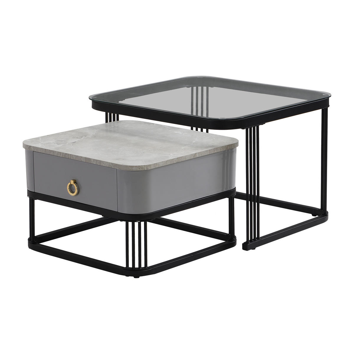 COUCHTISCH Set mit Schubladen 2er Set stapelbar mit Glasplatte Marmoroptik - Schwarz/Grau, Holzwerkstoff (60/60/42cm) - EVRYAE