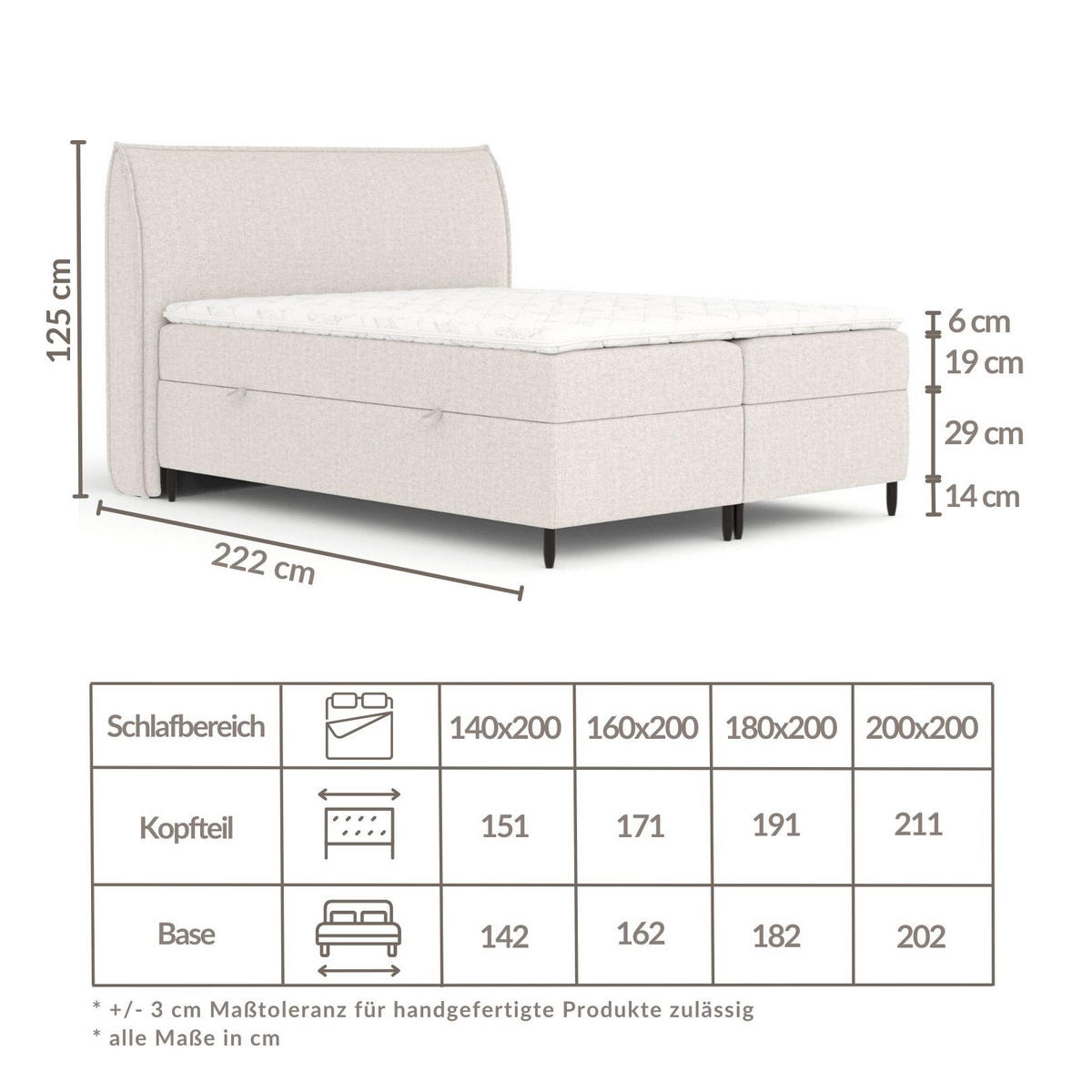 BOXBETT 180/200 cm Corvus, in Hellgrau, Matratze, Topper, Bettkasten, H3 = fest - Hellgrau/Schwarz, Holz/Holzwerkstoff (180/200cm) - Maison de Reve