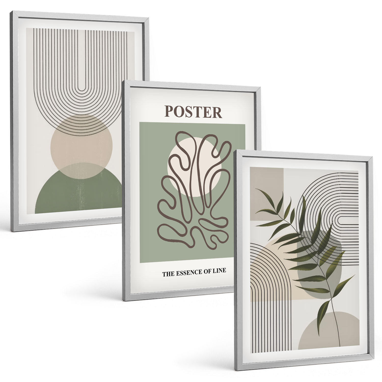 BILDER SET 3er Set - 40x60 cm Silberner Rahmen - Geometrische botanische Muster - Silberfarben, Kunststoff (40/60cm) - TULUP