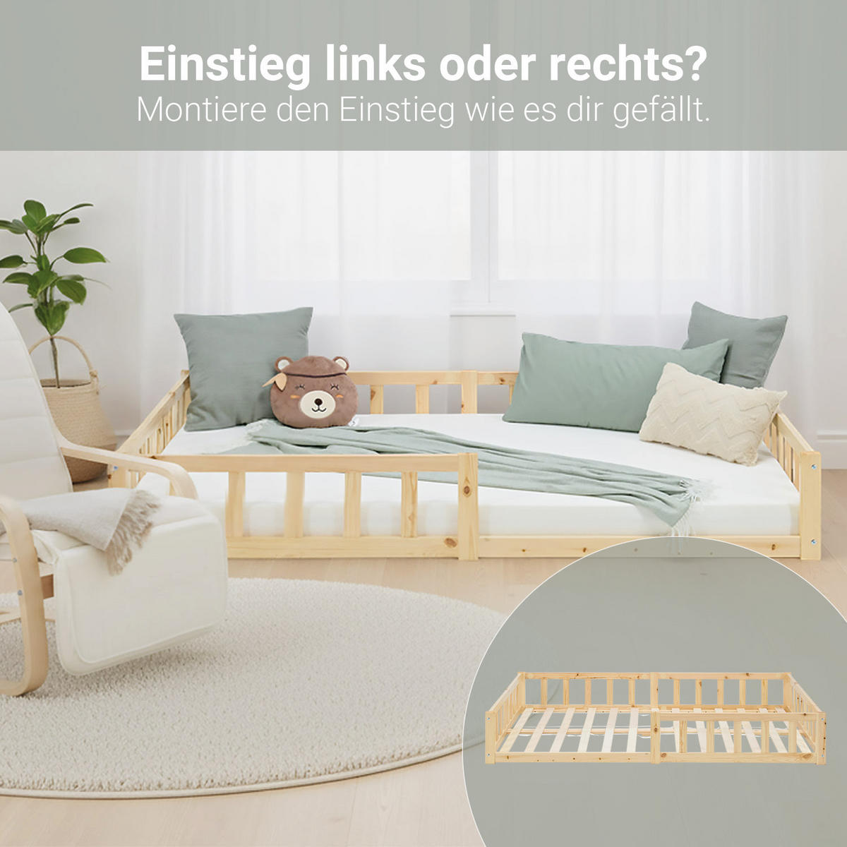 BODENBETT 120x200 cm Natur mit Lattenrost - Naturfarben, Holz (120/200cm) - Homestyle4u