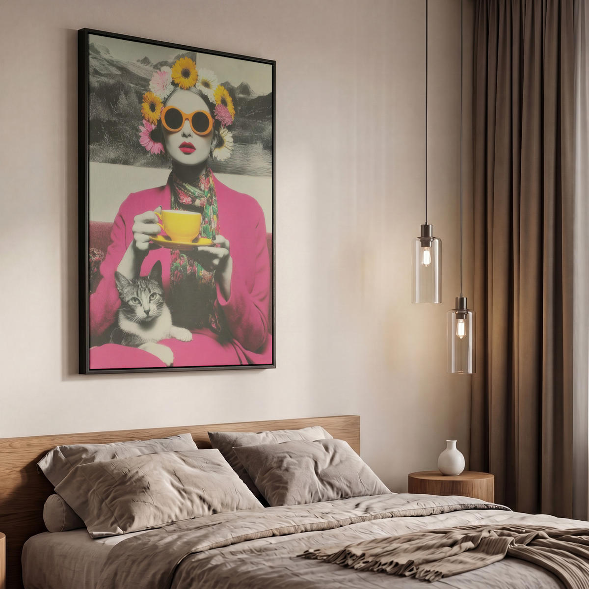 LEINWAND Bilder mit Rahmen - Frau - Katze - Blumen - Tasse - Retro - 60x90 - Magenta, Textil (60/90cm) - MuchoWow