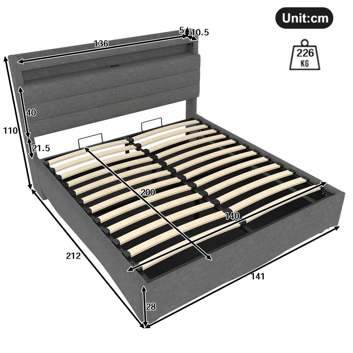 POLSTERBETT aus Leinen 140x200 cm Beige mit LED-Beleuchtung, USB-C-Anschlüssen und Bettkasten - Beige, Textil (140/200cm) - IVMEU