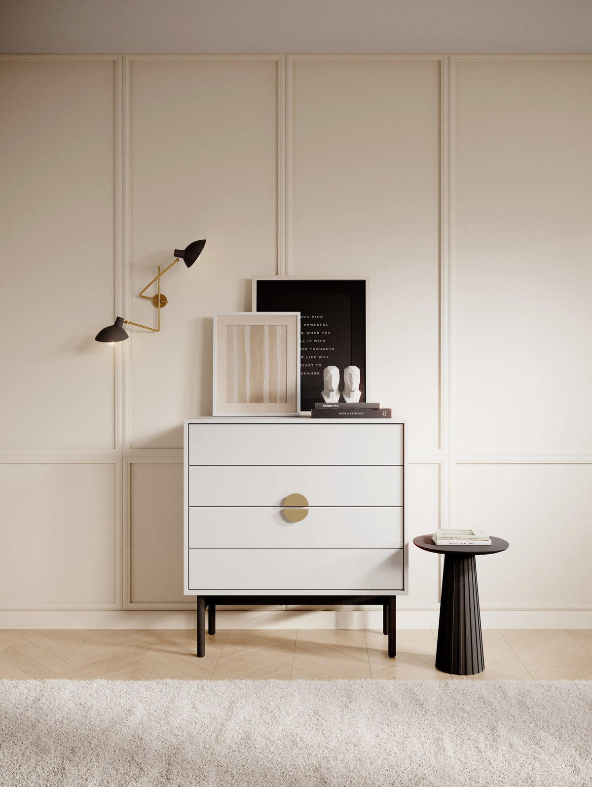 KOMODA Stoon II so 4 zásuvkami 85 cm - čierna/biela, kov/kompozitné drevo (85/92/38cm) - Selsey