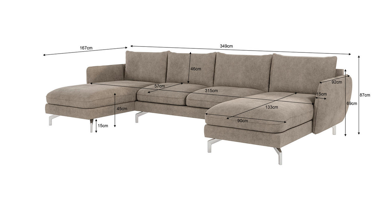 WOHNLANDSCHAFT Elou Dunkelbeige Microfaser - Chromfarben/Beige, Textil/Metall (349/87/167cm) - S-Style Möbel
