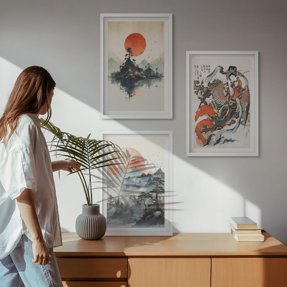 WANDBILDER 3er-Set - 40x60 cm Weißer Rahmen - Asiatische Japandi-Malereien - Weiß, Kunststoff (40/60cm) - ArtPrintCave