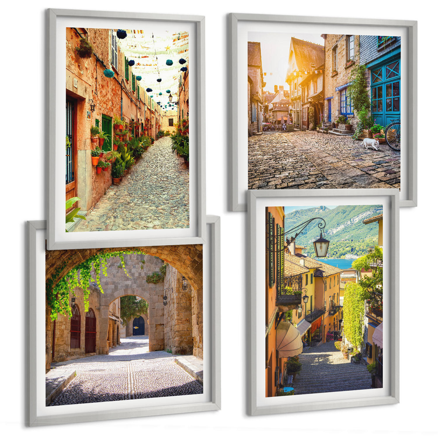 BILDER SET 4er Set - 50x50 cm & 40x60 cm Silberner Rahmen - Charmante Straßen mit Steinen - Silberfarben, Kunststoff (50/50cm) - TULUP