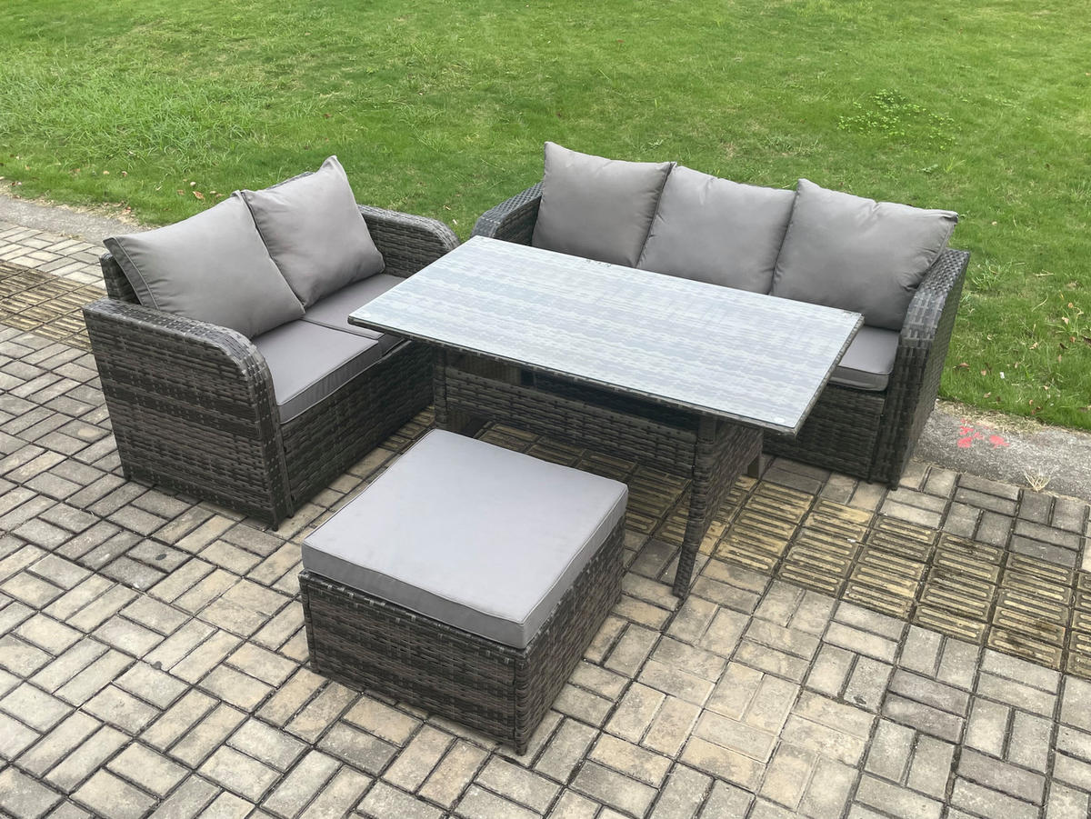 Gartenmöbelset mit Esstisch,Zweisitzer,Hocker Polyrattan Dunkelgrau 6-Sitzer - Dunkelgrau/Grau, Glas/Kunststoff - Fimous
