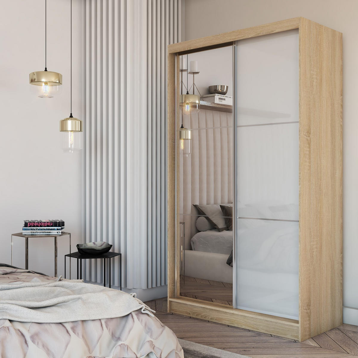 SCHWEBETÜRENSCHRANK VITALE 120/216/61 cm 2-türig mit Spiegel Sonoma Eiche - Weiß/Sonoma Eiche, Holzwerkstoff (120/216/61cm) - MASSENO