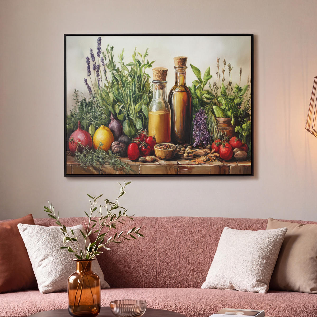 LEINWAND Bilder mit Rahmen - Stilleben - Kräuter - Gewürze - Früchte - Farbenfroh - 100x70 - Grün, Textil (100/70cm) - MuchoWow