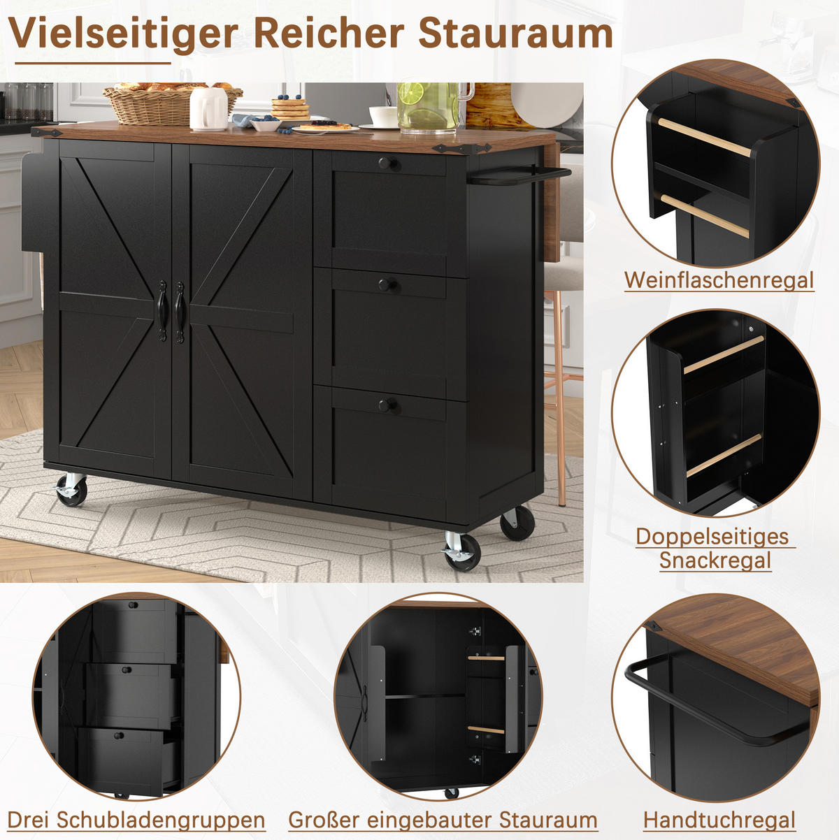 KÜCHENINSEL mit klappbarer Arbeitsplatte & Rollen, 140/45/73/92,5 cm, Schwarz - Schwarz, Holzwerkstoff (140/92.5/45cm) - Redom